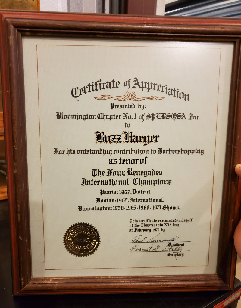A framed Certificate of Appreciation presented to Buzz Haeger in February 1971