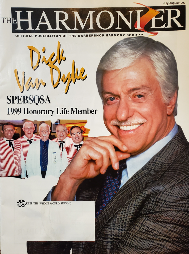The cover of the July/August 1999 issue of The Harmonizer featuring a photo of Dick Van Dyke