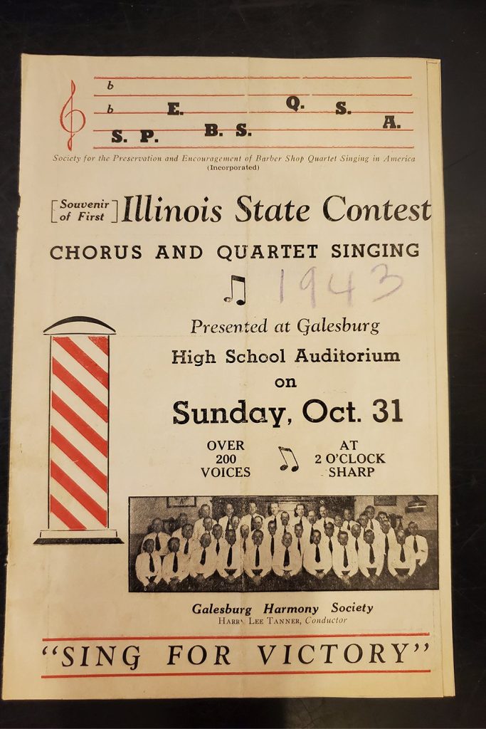 Program from first SPEBSQSA quartet contest held in Illinois on Sunday, October 31, 1943