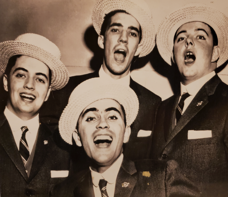 The Four Renegades after their 1957 district win – clockwise from top: Tom Felgen (bass), Jim Maher (baritone), Buzz Haeger (tenor), and Joe Sullivan (lead)