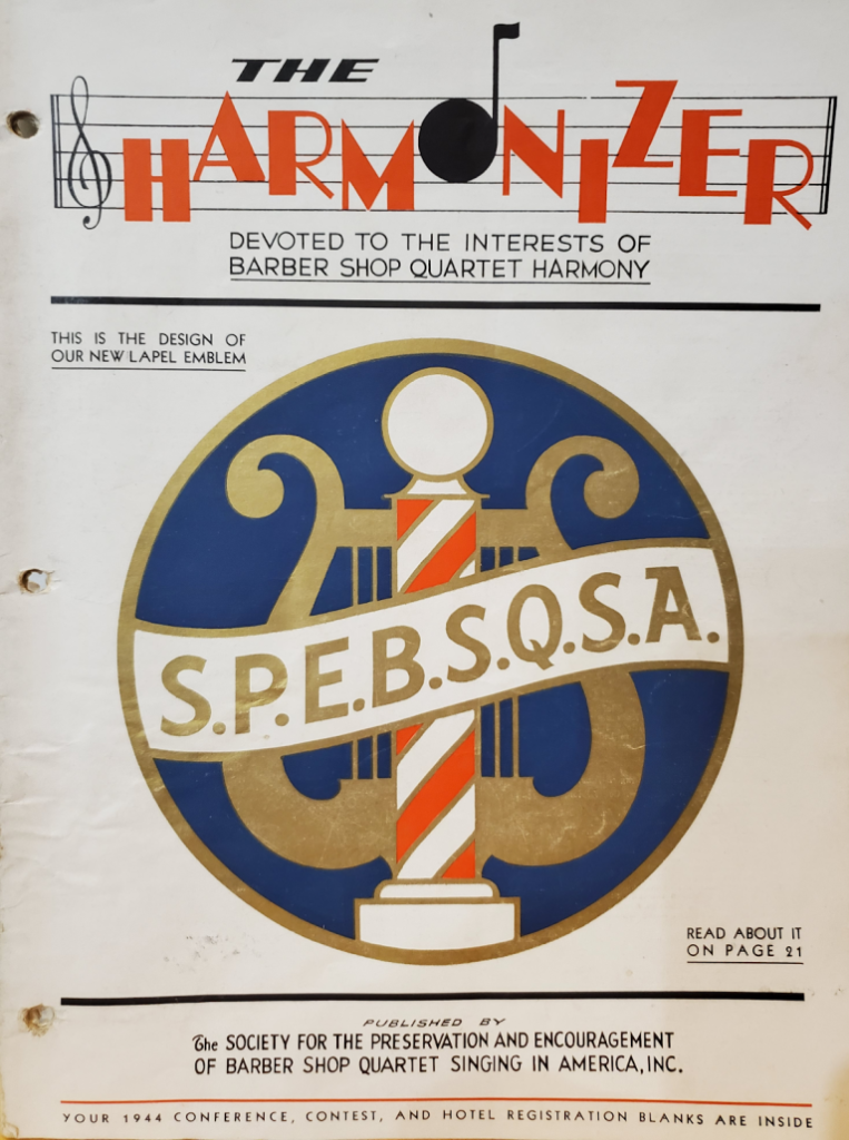 Cover of The Harmonizer showing the new SPEBSQSA lapel emblem