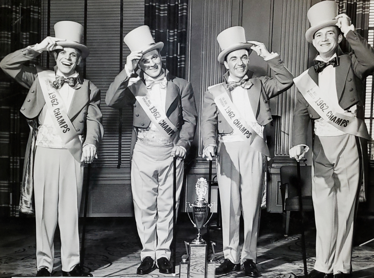 The Impostors after winning the Illinois District contest in the fall of 1962 – From L to R – Bob Brock (Bs), Ed Jensen (Br), Joe Warren (Ld), and Harry Klepsteen (Tn)