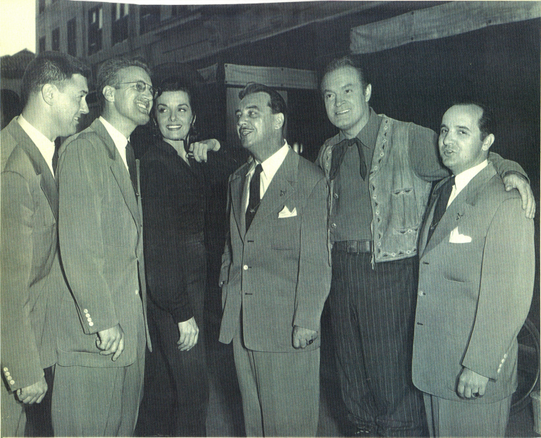 The Mid-States Four made up of Bob Mack (tenor), Marty Mendro (lead), Art Gracey (bass), and Forry Haynes (bari) as they serenade Jane Russell and Bob Hope on the Hollywood set of the 1952 film, “Son of Paleface.”